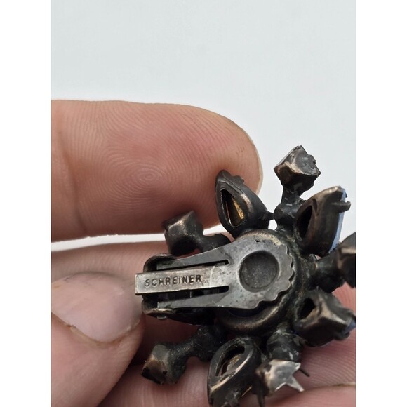 Vintage Signed Schreiner NY Earrings – Sapphire Blue Rhinestones Starburst... - Picture 7 of 14